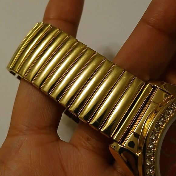 Jessica Carlyle Gold Tone Stretch Band Pink Face Rhinestone Bezel Quartz Watch - Picture 10 of 15